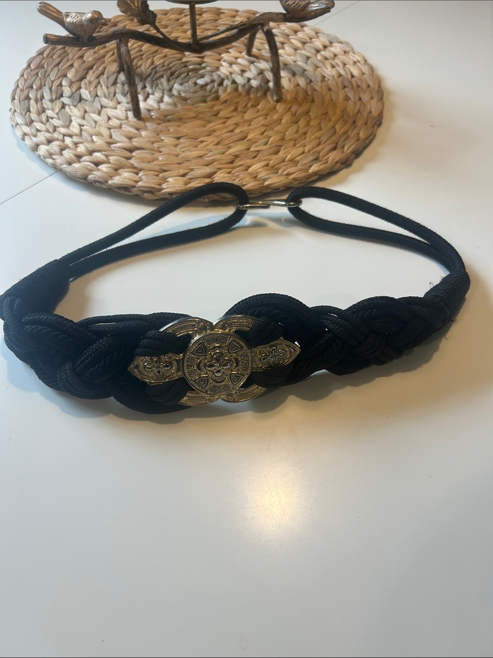 Vintage Black Braided Elastic Belt with Gold Medallion